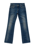 A pair of medium-wash blue denim jeans with a subtle fading effect.