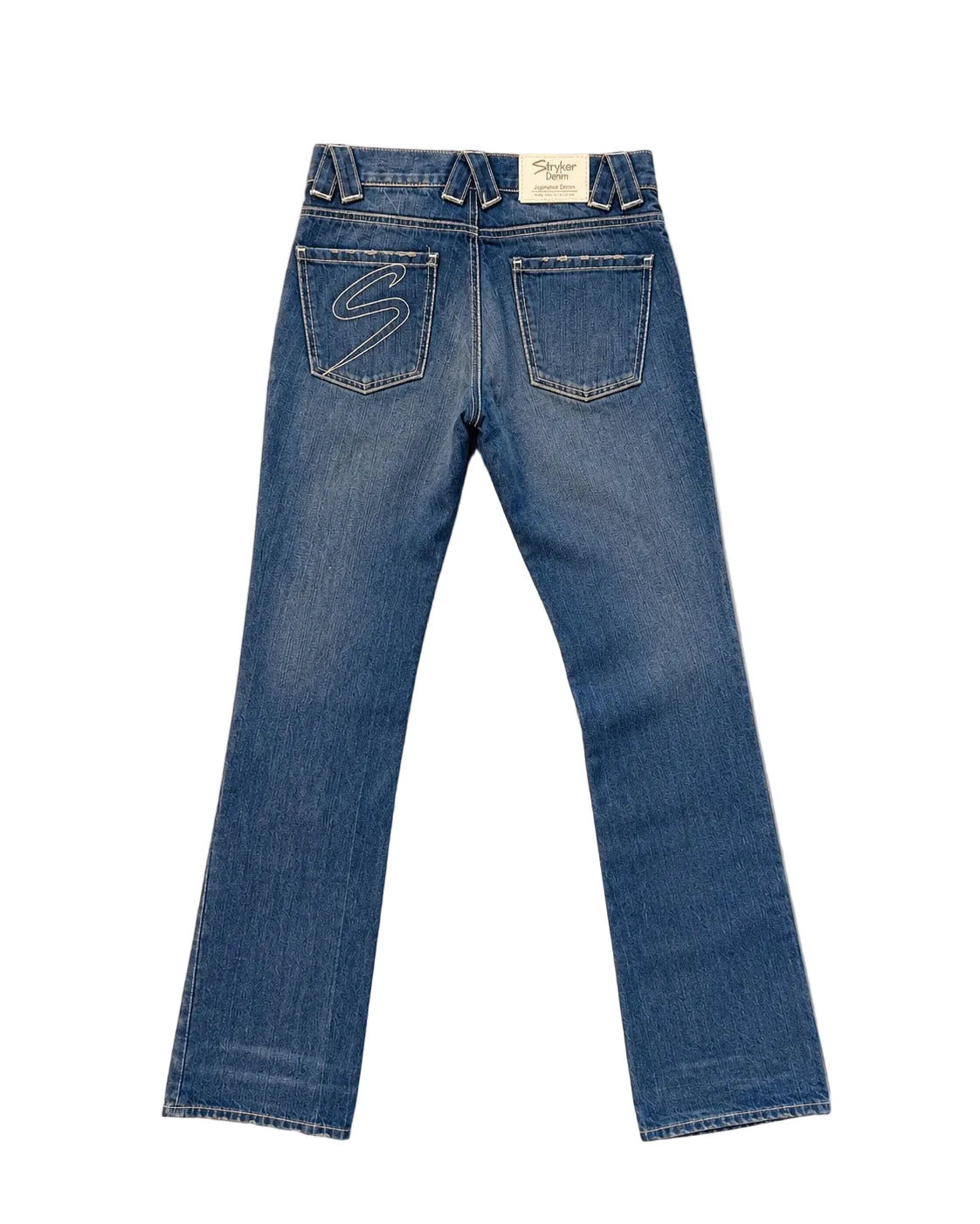 Back view of a pair of blue denim jeans, showing the back pockets with contrast stitching and a small white brand label at the waistband.