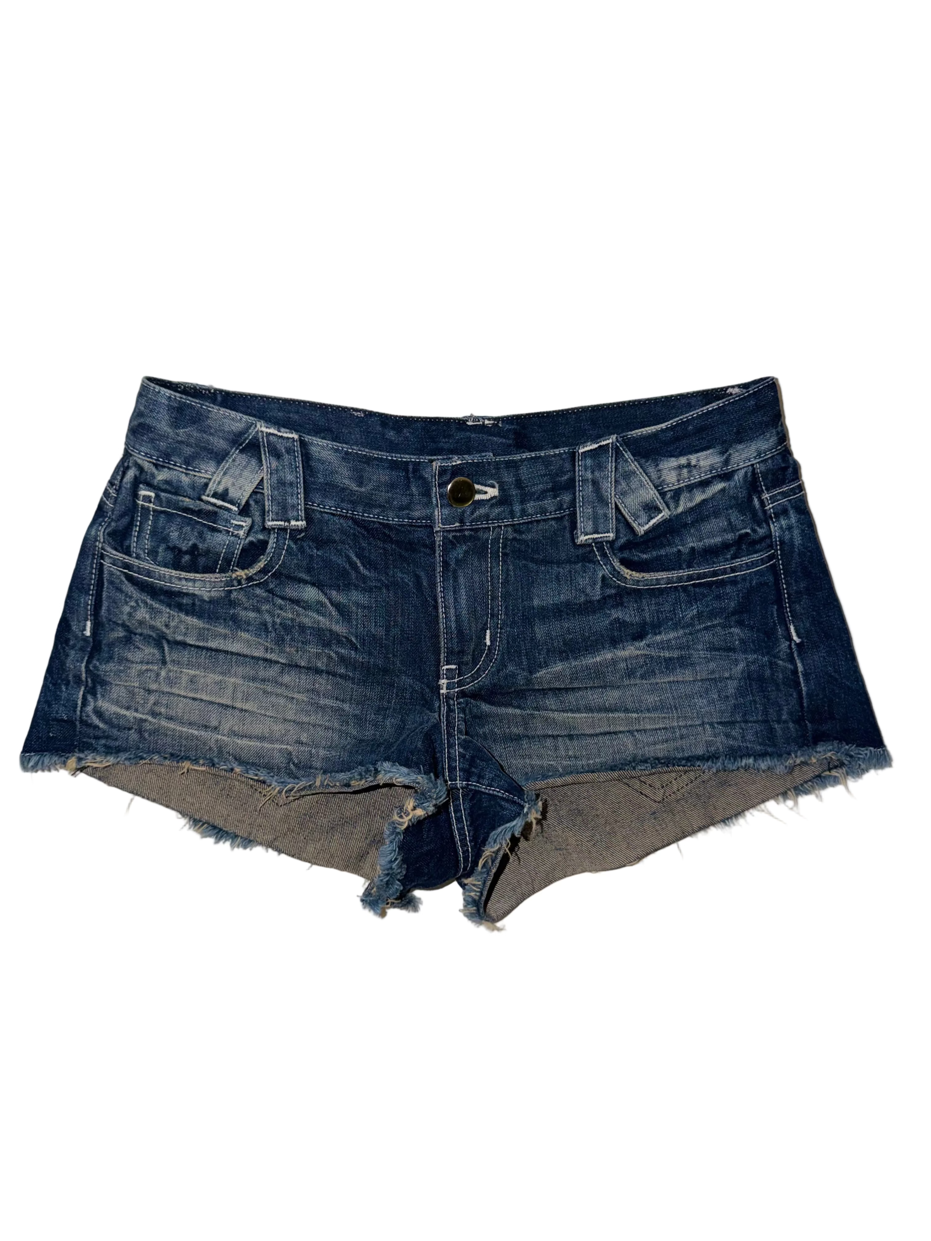 Women's medium vintage indigo frayed denim shorts front view